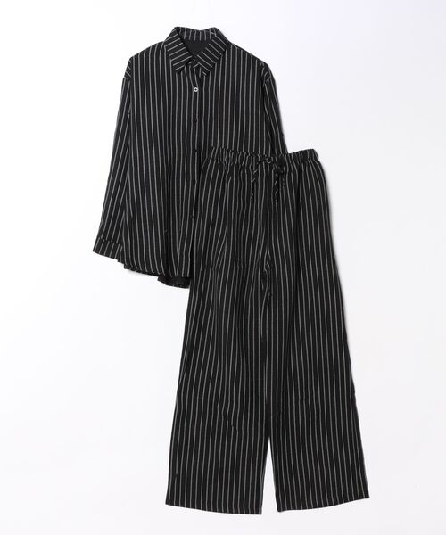BY THE BAY(バイザベイ)の「【リラックス感・きれいめ】ストライプ柄シャツ×パンツ セットアップ/3色展開|ブラック ブラウン ベージュ 上下2点セット 長袖 ルームウェア 大人カジュアル(セットアップ・レディース・ブラウン/ブラック/ベージュ・FREE)」の4枚目の写真