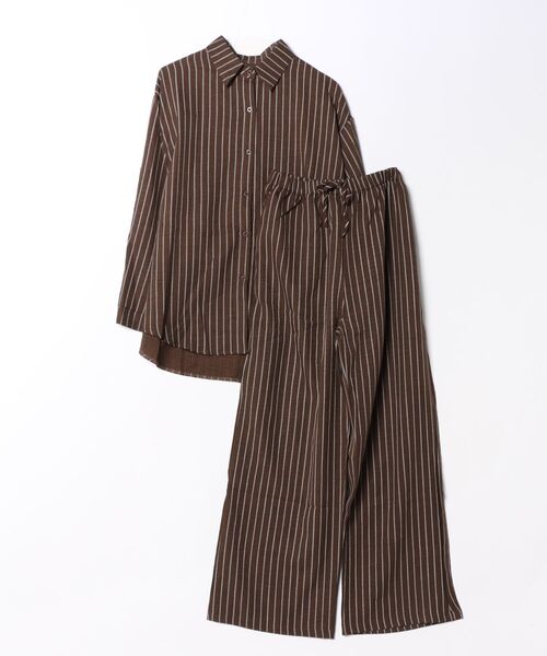 BY THE BAY(バイザベイ)の「【リラックス感・きれいめ】ストライプ柄シャツ×パンツ セットアップ/3色展開|ブラック ブラウン ベージュ 上下2点セット 長袖 ルームウェア 大人カジュアル(セットアップ・レディース・ブラウン/ブラック/ベージュ・FREE)」の5枚目の写真