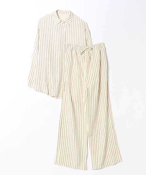 BY THE BAY(バイザベイ)の「【リラックス感・きれいめ】ストライプ柄シャツ×パンツ セットアップ/3色展開|ブラック ブラウン ベージュ 上下2点セット 長袖 ルームウェア 大人カジュアル(セットアップ・レディース・ブラウン/ブラック/ベージュ・FREE)」の6枚目の写真