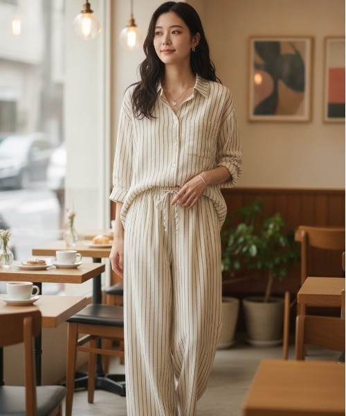 BY THE BAY(バイザベイ)の「【リラックス感・きれいめ】ストライプ柄シャツ×パンツ セットアップ/3色展開|ブラック ブラウン ベージュ 上下2点セット 長袖 ルームウェア 大人カジュアル(セットアップ・レディース・ブラウン/ブラック/ベージュ・FREE)」の10枚目の写真