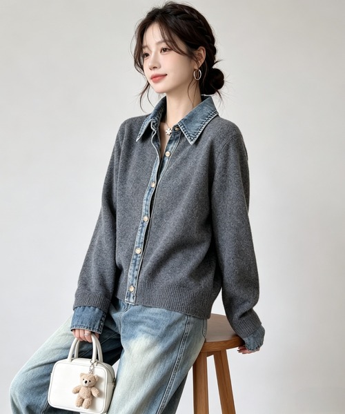 witch(ウイッチ)の「デニムドッキング(切り替え)ニットカーディガン(カーディガン/ボレロ・レディース・ブラック/ブラウン/ライトグレー/ダークグレー・FREE)」の17枚目の写真