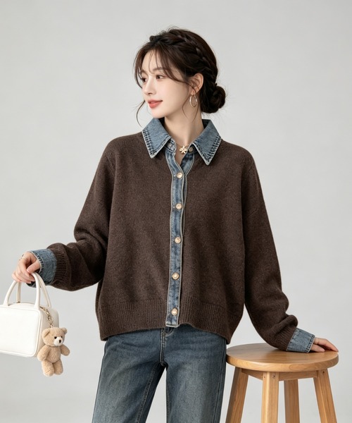 witch(ウイッチ)の「デニムドッキング(切り替え)ニットカーディガン(カーディガン/ボレロ・レディース・ブラック/ブラウン/ライトグレー/ダークグレー・FREE)」の10枚目の写真