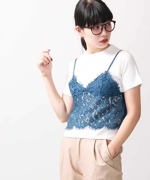 WEGO（ウィゴー）の「WEGO/【2点セット】レースビスチェレイヤードTシャツ（Tシャツ/カットソー・レディース・レッド/ホワイト/ブラック/イエロー/ターコイズブルー/ダークオレンジ・FREE）」の3枚目の写真