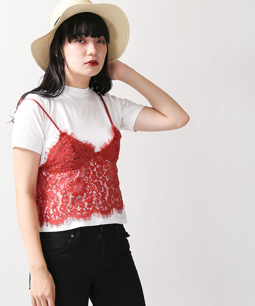 WEGO（ウィゴー）の「WEGO/【2点セット】レースビスチェレイヤードTシャツ（Tシャツ/カットソー・レディース・レッド/ホワイト/ブラック/イエロー/ターコイズブルー/ダークオレンジ・FREE）」の6枚目の写真