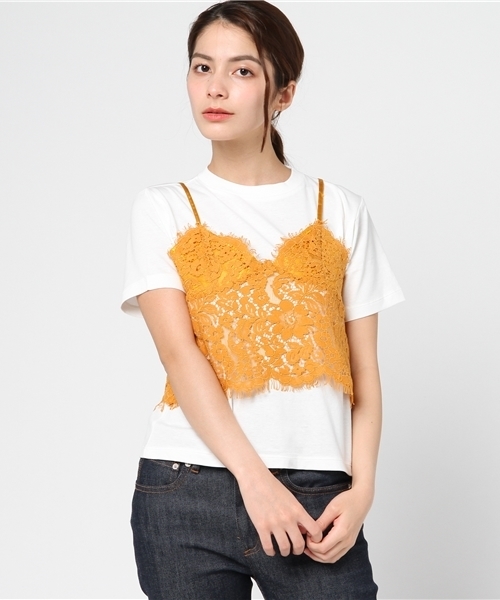 WEGO（ウィゴー）の「WEGO/【2点セット】レースビスチェレイヤードTシャツ（Tシャツ/カットソー・レディース・レッド/ホワイト/ブラック/イエロー/ターコイズブルー/ダークオレンジ・FREE）」の4枚目の写真