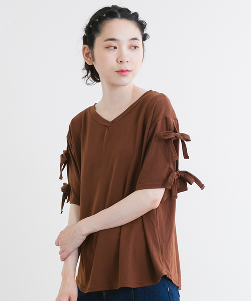 MERLOT（メルロー）の「リボンスリーブカットソー1099（Tシャツ/カットソー・レディース・ピンク/ブラウン/オフホワイト/ブラック・FREE）」の4枚目の写真