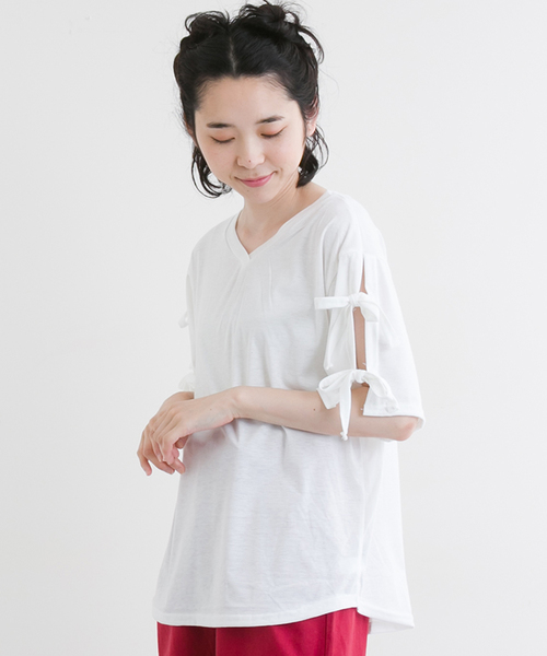 MERLOT（メルロー）の「リボンスリーブカットソー1099（Tシャツ/カットソー・レディース・ピンク/ブラウン/オフホワイト/ブラック・FREE）」の2枚目の写真
