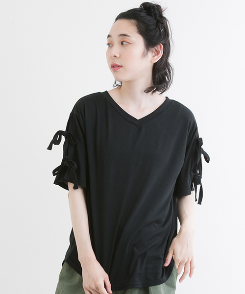 MERLOT（メルロー）の「リボンスリーブカットソー1099（Tシャツ/カットソー・レディース・ピンク/ブラウン/オフホワイト/ブラック・FREE）」の3枚目の写真