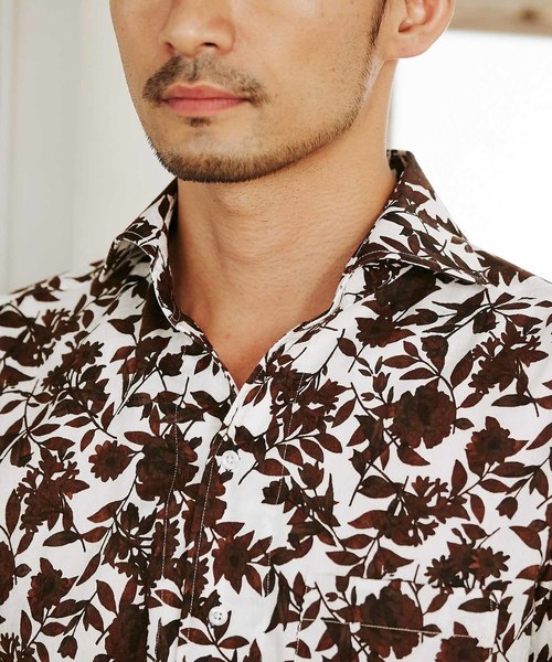 MEN'S BIGI 花柄 半袖シャツ MEN'S BIGI｜フラワー柄プリントブロードオープンカラー半袖シャツ