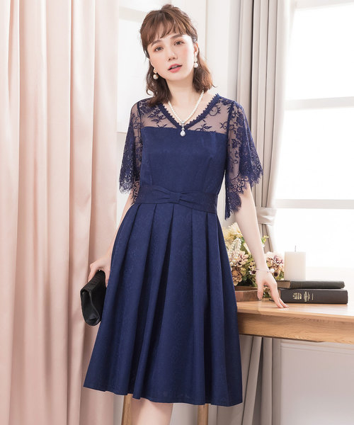 DRESS STAR（ドレス スター）の「Vネックレーススリーブウエストリボンワンピースパーティードレス（ドレス・レディース・ブラック/グレー/ネイビー・S/M/L/XL/XXL/XXXL）」の3枚目の写真