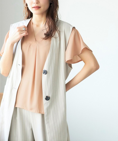 セール】タックデザインスキッパーフレア袖ブラウス（半袖）（シャツ