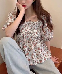花柄シャーリングペプラムブラウス