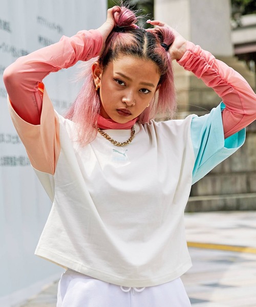 PUMA（プーマ）の「PUMA CLSX BOYFRIEND TEE / プーマ クラシックス ボーイフレンド ティー（Tシャツ/カットソー・レディース・ブラック/ベージュ・M/S）」の2枚目の写真