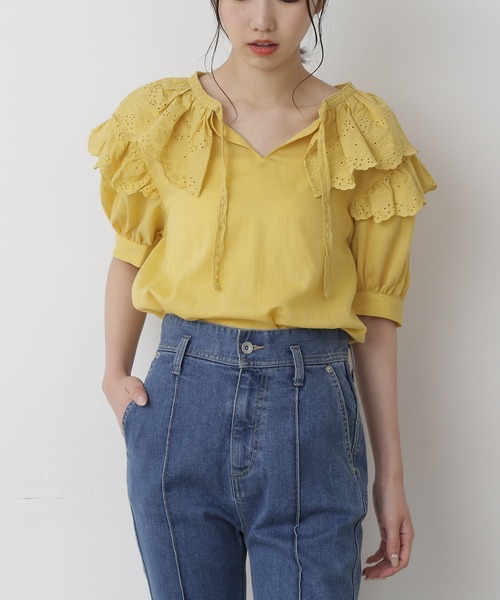 FREE'S MART（フリーズマート）の「スカラレース使いセーラーカラー半袖ブラウス（シャツ/ブラウス・レディース・ブラック/イエロー/ホワイト・FREE）」の3枚目の写真