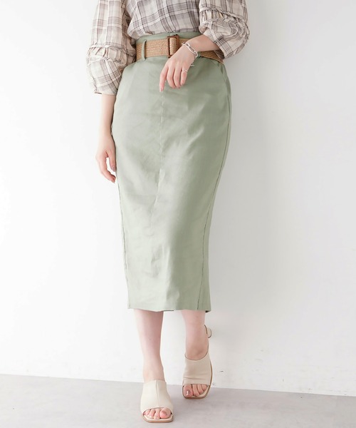 natural couture（ナチュラルクチュール）の「ストレッチリネンベルト付タイトスカート（スカート・レディース・ベージュ/ブラック/ライトベージュ/グリーン・FREE）」の4枚目の写真