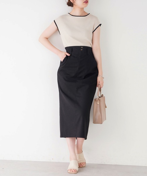 natural couture（ナチュラルクチュール）の「ストレッチリネンベルト付タイトスカート（スカート・レディース・ベージュ/ブラック/ライトベージュ/グリーン・FREE）」の2枚目の写真