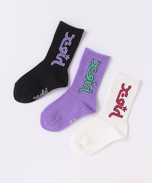 X-girl Stages(エックスガールステージス)の「配色ミルズロゴソックス【日本製】(ソックス/靴下・キッズ・パープル/ホワイト/ブラック・15-17cm/19-21cm/13-15cm/17-19cm)」の5枚目の写真