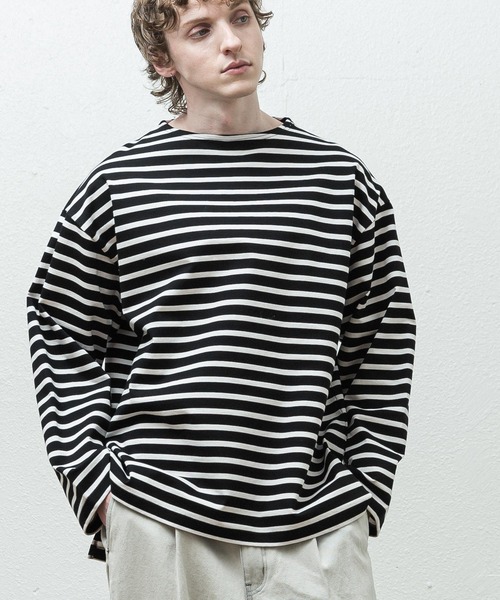 SLICK(スリック)の「ボーダーオーバーサイズバスクシャツ(Tシャツ/カットソー・メンズ・ホワイト/ブラック・1/2/3)」の13枚目の写真