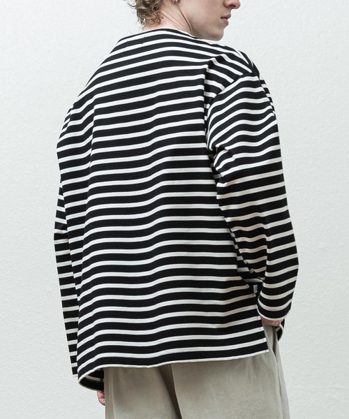 SLICK(スリック)の「ボーダーオーバーサイズバスクシャツ(Tシャツ/カットソー・メンズ・ホワイト/ブラック・1/2/3)」の14枚目の写真