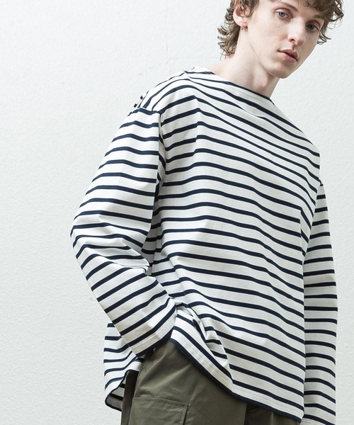 SLICK(スリック)の「ボーダーオーバーサイズバスクシャツ(Tシャツ/カットソー・メンズ・ホワイト/ブラック・1/2/3)」の6枚目の写真