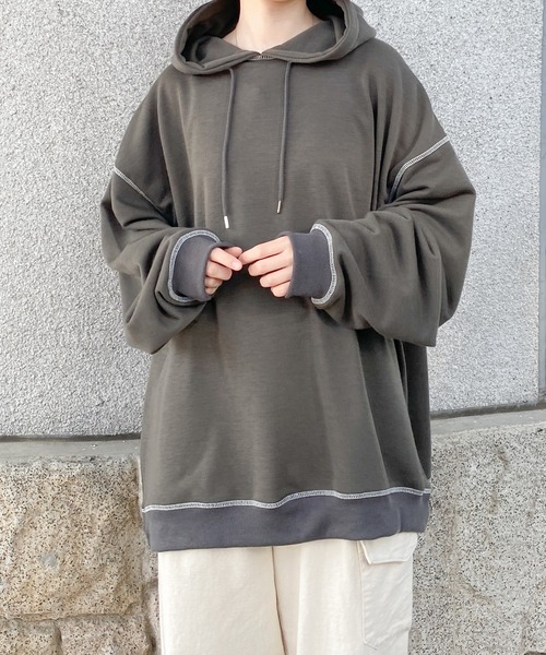 PairPair（ペアペア）の「配色ステッチフーディー(ユニセックス)（パーカー・レディース・ライトブルー/アイボリー/スミクロ・フリー）」の2枚目の写真