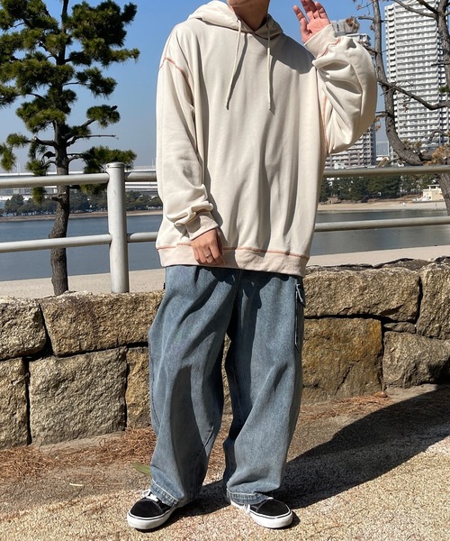 PairPair（ペアペア）の「配色ステッチフーディー(ユニセックス)（パーカー・レディース・ライトブルー/アイボリー/スミクロ・フリー）」の4枚目の写真