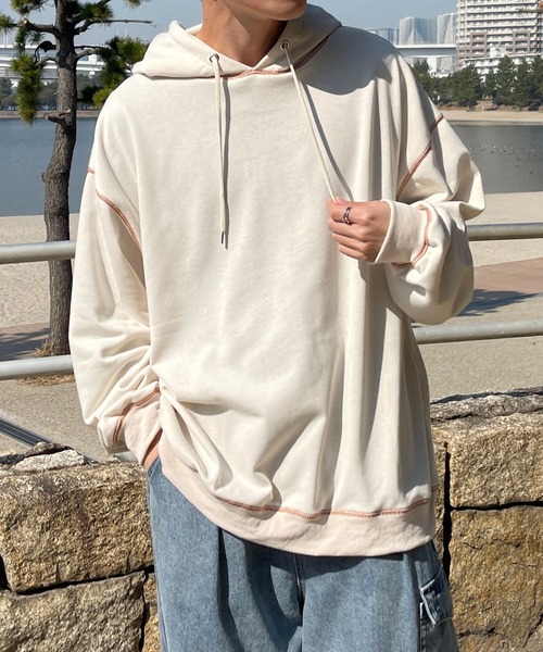 PairPair（ペアペア）の「配色ステッチフーディー(ユニセックス)（パーカー・レディース・ライトブルー/アイボリー/スミクロ・フリー）」の5枚目の写真