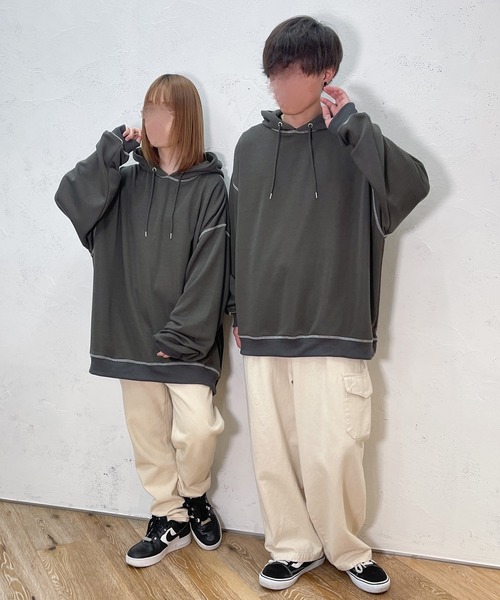 PairPair（ペアペア）の「配色ステッチフーディー(ユニセックス)（パーカー・レディース・ライトブルー/アイボリー/スミクロ・フリー）」の11枚目の写真