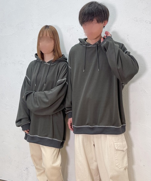 PairPair（ペアペア）の「配色ステッチフーディー(ユニセックス)（パーカー・レディース・ライトブルー/アイボリー/スミクロ・フリー）」の12枚目の写真