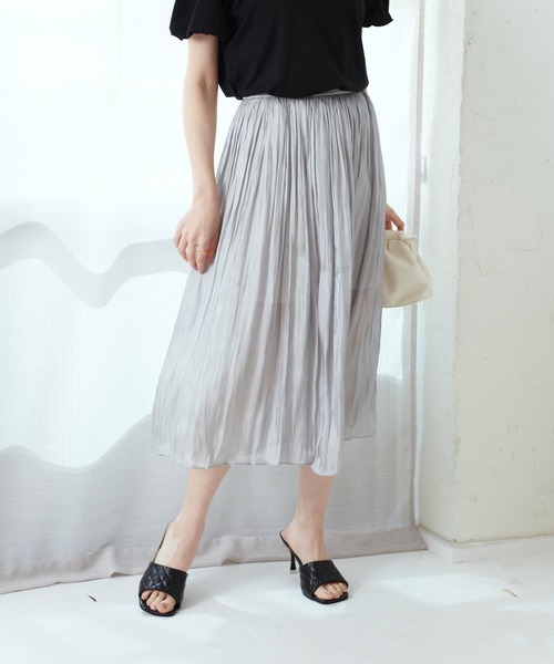 Lamoa（ラモア）の「Lamoa/ボリューム シワ加工 フレア スカート（スカート・レディース・グレー/ブラック/ライトグリーン/パープル/アイボリー/ホワイト/ピンク・FREE）」の4枚目の写真