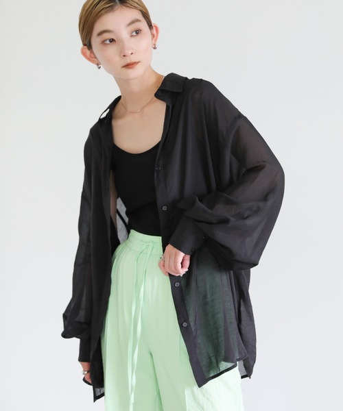 select MOCA(セレクトモカ)の「シアーオーバーカラーシャツ(シャツ/ブラウス・レディース・ピンク/グリーン/オフホワイト/ブラック・FREE)」の3枚目の写真
