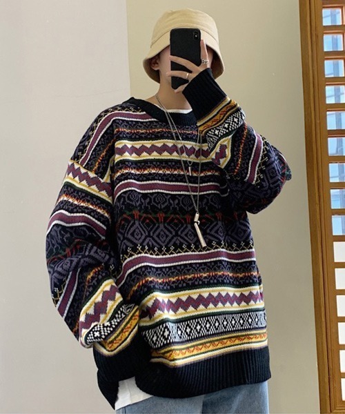 VIBGYOR（ヴィブジョー）の「【ACT -fascination design-】ビッグシルエット ノルディックボーダーニット(SP)（ニット/セーター・メンズ・ブルー/ネイビー・L/M/XL）」の2枚目の写真