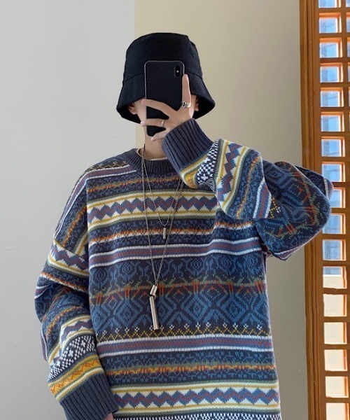 VIBGYOR（ヴィブジョー）の「【ACT -fascination design-】ビッグシルエット ノルディックボーダーニット(SP)（ニット/セーター・メンズ・ブルー/ネイビー・L/M/XL）」の8枚目の写真