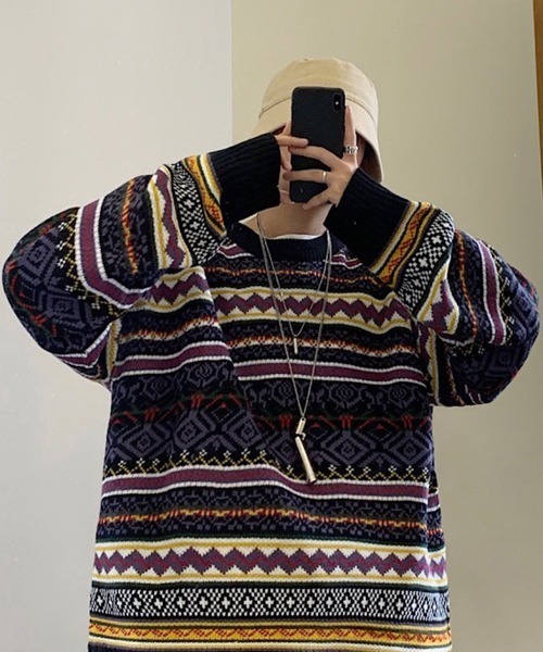 VIBGYOR（ヴィブジョー）の「【ACT -fascination design-】ビッグシルエット ノルディックボーダーニット(SP)（ニット/セーター・メンズ・ブルー/ネイビー・L/M/XL）」の9枚目の写真