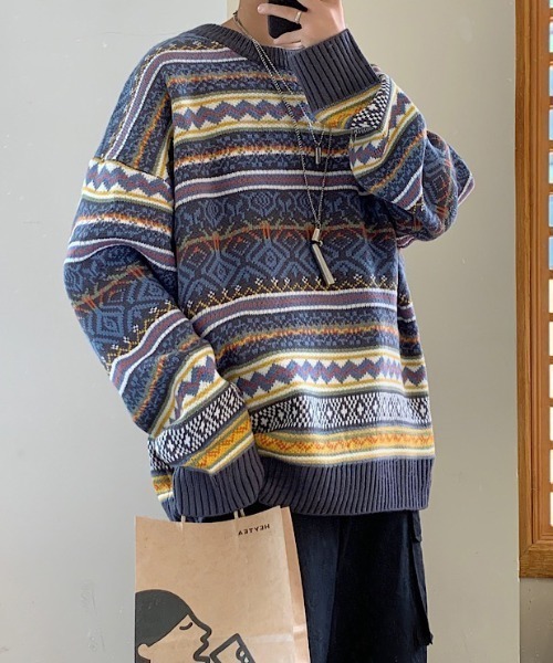 VIBGYOR（ヴィブジョー）の「【ACT -fascination design-】ビッグシルエット ノルディックボーダーニット(SP)（ニット/セーター・メンズ・ブルー/ネイビー・L/M/XL）」の10枚目の写真