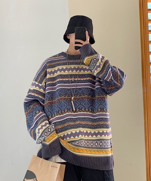 VIBGYOR（ヴィブジョー）の「【ACT -fascination design-】ビッグシルエット ノルディックボーダーニット(SP)（ニット/セーター・メンズ・ブルー/ネイビー・L/M/XL）」の5枚目の写真