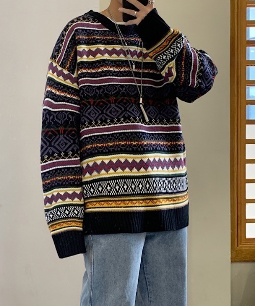 VIBGYOR（ヴィブジョー）の「【ACT -fascination design-】ビッグシルエット ノルディックボーダーニット(SP)（ニット/セーター・メンズ・ブルー/ネイビー・L/M/XL）」の6枚目の写真