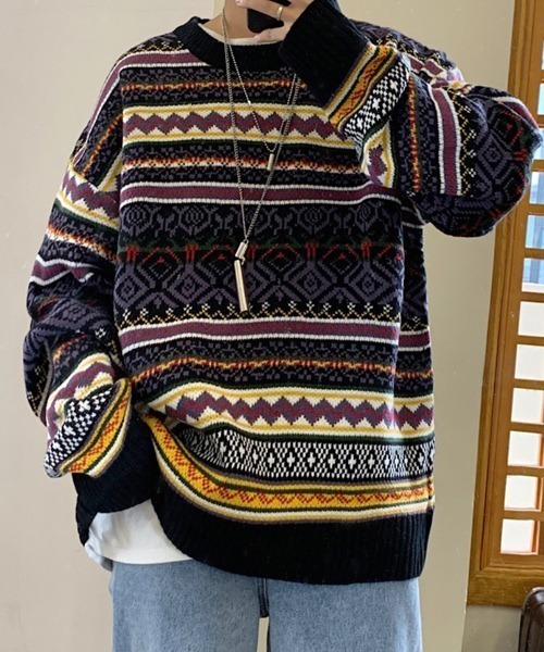 VIBGYOR（ヴィブジョー）の「【ACT -fascination design-】ビッグシルエット ノルディックボーダーニット(SP)（ニット/セーター・メンズ・ブルー/ネイビー・L/M/XL）」の7枚目の写真