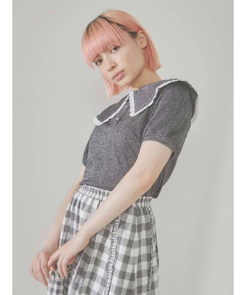 merry jenny(メリージェニー)の「フリルカラーラメポロシャツ(Tシャツ/カットソー・レディース・ブラック/ピンク/グリーン・FREE)」の6枚目の写真