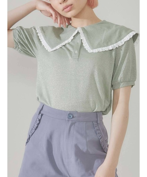 merry jenny(メリージェニー)の「フリルカラーラメポロシャツ(Tシャツ/カットソー・レディース・ブラック/ピンク/グリーン・FREE)」の1枚目の写真