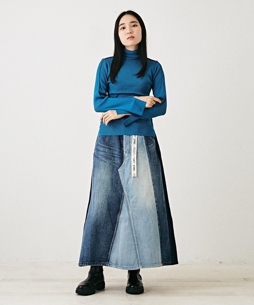 TOBILA（トビラ）の「11オンスデニムリメイク風Aラインスカート（デニムスカート・レディース・ブラック/インディゴブルー・M）」の4枚目の写真