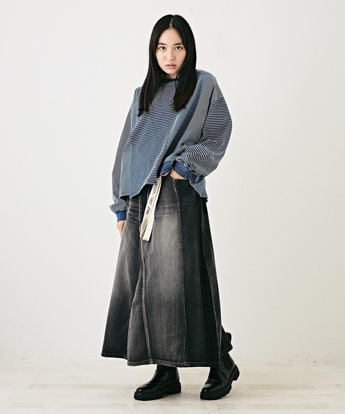 TOBILA（トビラ）の「11オンスデニムリメイク風Aラインスカート（デニムスカート・レディース・ブラック/インディゴブルー・M）」の8枚目の写真