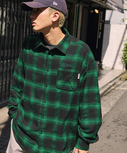 MONO-MART（モノマート）の「【retock's】ロゴ刺繍 オンブレチェック ビッグシルエット長袖シャツ（シャツ/ブラウス・メンズ・ブラック/ブラウン/レッド/ブルー/グリーン/ベージュ/ネイビー/グレー/ブラック系・M/L）」の18枚目の写真