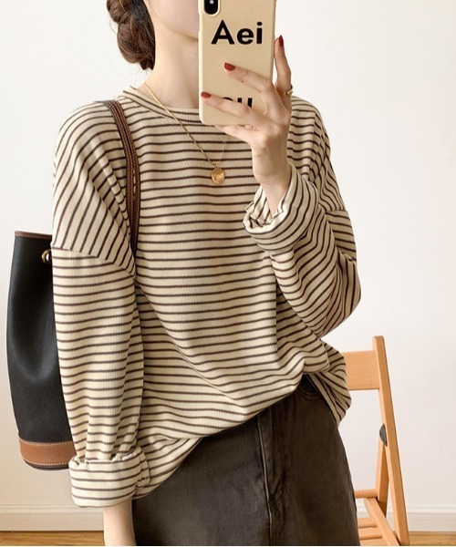 ibeul_（イベール）の「クルーネックボーダートップス（Tシャツ/カットソー・レディース・ブラック/ベージュ・FREE）」の3枚目の写真