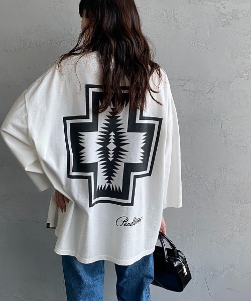PENDLETON（ペンドルトン）の「[PENDLETON/ペンドルトン] 別注 ネイティブ柄バックプリント 7分袖Tシャツ（Tシャツ/カットソー・レディース・ホワイト/ブラック/ブルー・S/M/L/XL）」の2枚目の写真