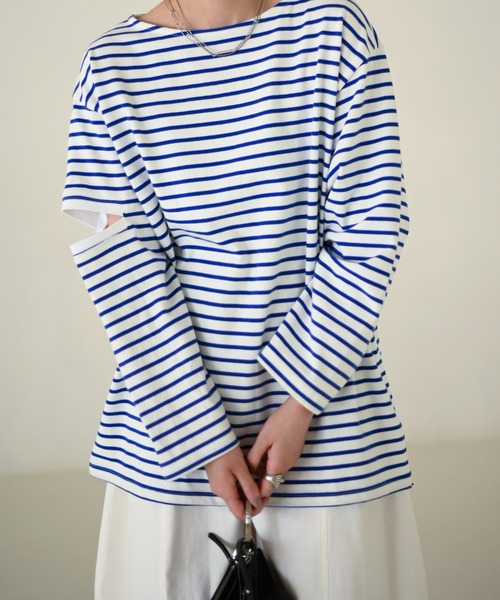 Marient（マリエント）の「ボーダースリットTEE（Tシャツ/カットソー・レディース・ブラック/ブルー/グリーン/オレンジ・FREE）」の3枚目の写真