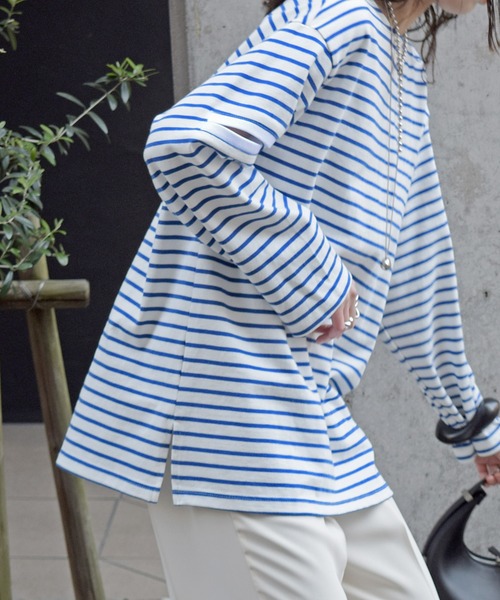 Marient（マリエント）の「ボーダースリットTEE（Tシャツ/カットソー・レディース・ブラック/ブルー/グリーン/オレンジ・FREE）」の11枚目の写真