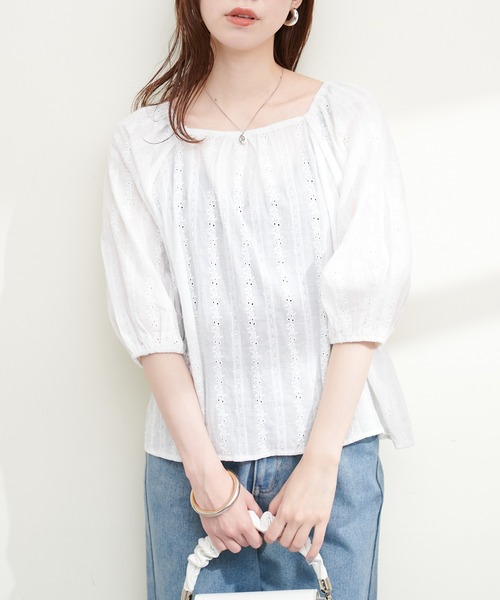 natural couture（ナチュラルクチュール）の「コットンレーススクエアネックブラウス（シャツ/ブラウス・レディース・オフホワイト/レッド/ネイビー・FREE）」の15枚目の写真