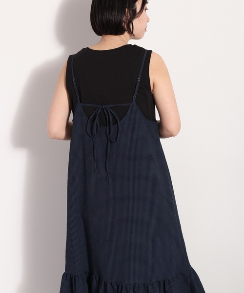 cepo（セポ）の「ポリサッカー ティアードキャミワンピース　セットアップ可能（ワンピース・レディース・ブラック×ホワイト/ネイビー系/ブラック・M）」の3枚目の写真