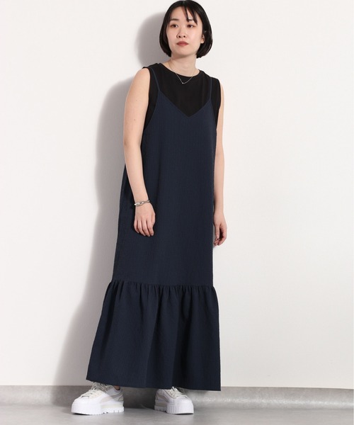 cepo（セポ）の「ポリサッカー ティアードキャミワンピース　セットアップ可能（ワンピース・レディース・ブラック×ホワイト/ネイビー系/ブラック・M）」の8枚目の写真